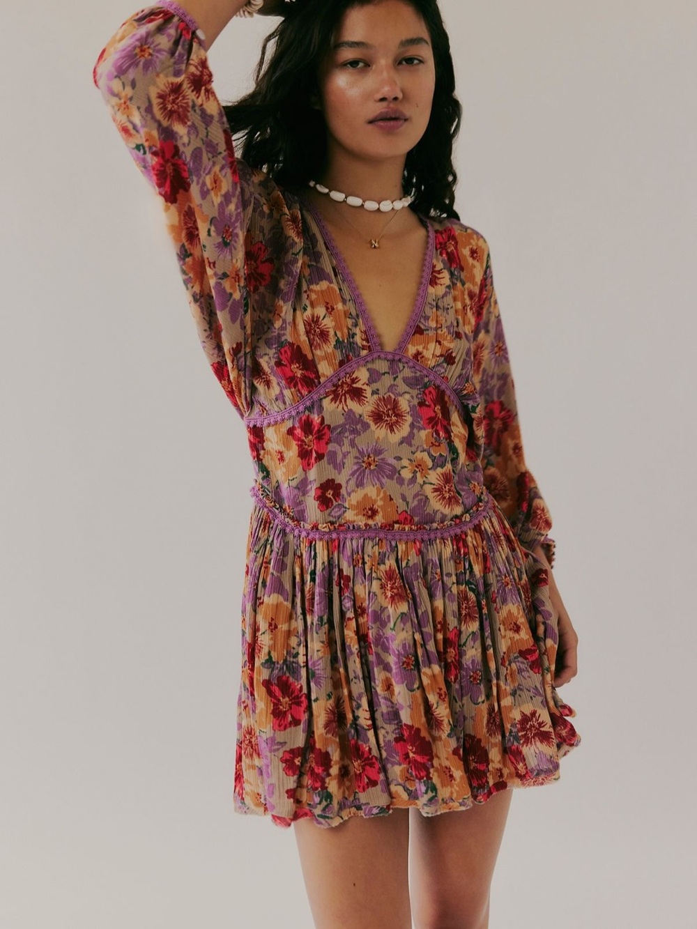 Free People Floral V-Neck Mini Dress in Purple, Red, Tan